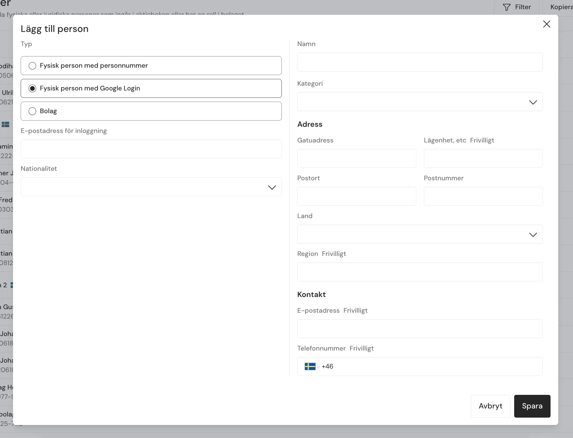 Fysisk person med Google Login i Kvanta